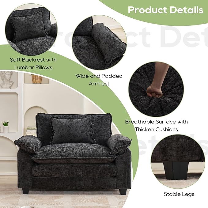 Modular Sectional Sofa, Comfy Cloud Couch Sectional Sofa, Chenille Sofa Sleeper Deep Seat Sofa with Throw Pillows for Living Room (Black, 53"- Single Seat)
