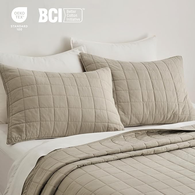 EVERGRACEHOME 100% Cotton Box Stitch Quilt Bedding Set King Size 3 Pieces, Garment-Washed Lightweight Soft Cozy Coverlet, Oversized Quilted Bedspread Sets with 2 Shams for All Season, Pebble Khaki