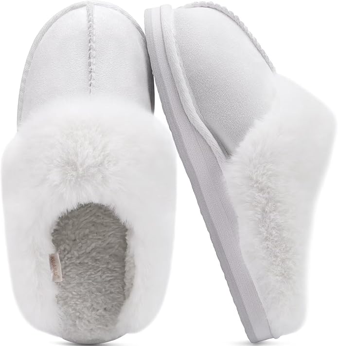 KuaiLu Womens Fluff Dual Memory Foam Slippers Ladies Cozy Arch Support Warm Scuff Slippers Slip on Comfy Winter House Shoes with Non-Slip Indoor Outdoor Hard Sole