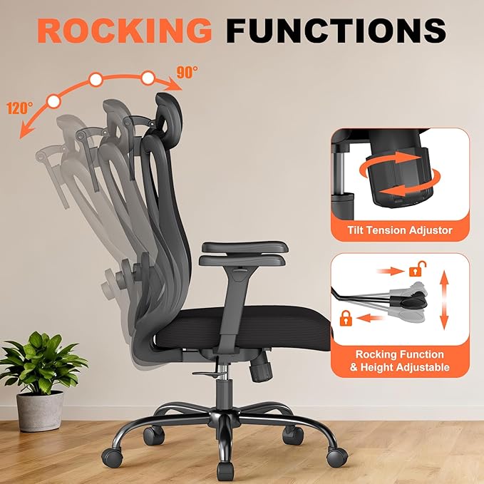 AnyGod Office Chair Ergonomic Desk Chair,Adjustable Headrest Lumbar Support,300lbs Wide Seat Big and Tall with 3D Armrests, Comfy for Computer Work, Study, Home Office (Black)