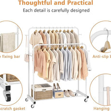 Laiensia Double Rods Garment Rack with Wheels, Clothing Rack for Hanging Clothes,4 Hooks, Multi-functional Bedroom Clothes Rack, White