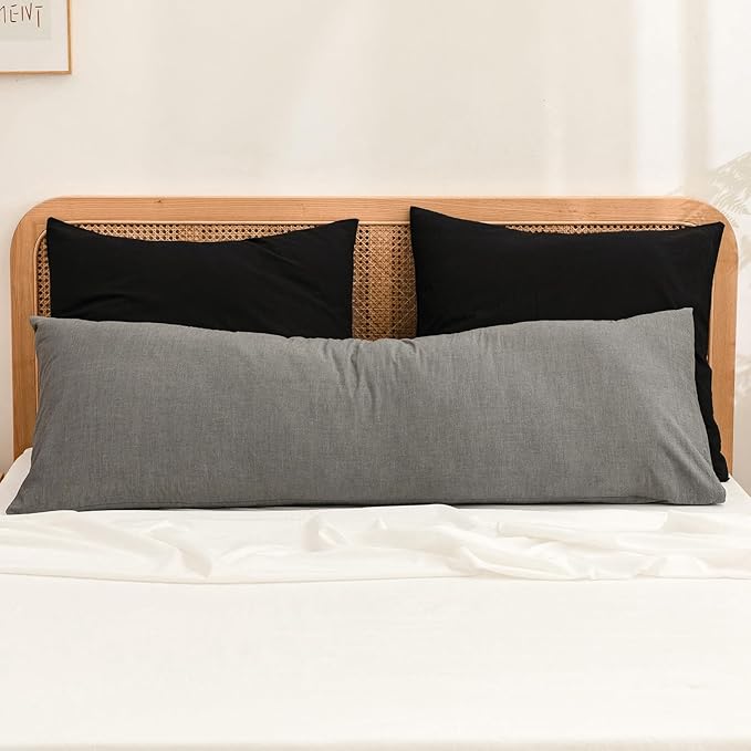 BESTOUCH 100% Washed Cotton Pillowcase for Hair and Skin Linen Feel Soft Comfortable Breathable 2 Set Pillow Case with Envelope Closure Solid Deep Dark Black Euro 26x26 Inches
