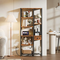 Furologee 6 Tier Bookshelf with USB Ports and Power Outlet, Book Shelf with Charging Station, Bookcase with Drawer, Storage Shelves for Bedroom, Home Office, Living Room, Bathroom, Rustic Brown