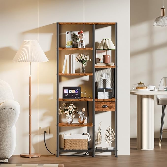 Furologee 6 Tier Bookshelf with USB Ports and Power Outlet, Book Shelf with Charging Station, Bookcase with Drawer, Storage Shelves for Bedroom, Home Office, Living Room, Bathroom, Rustic Brown