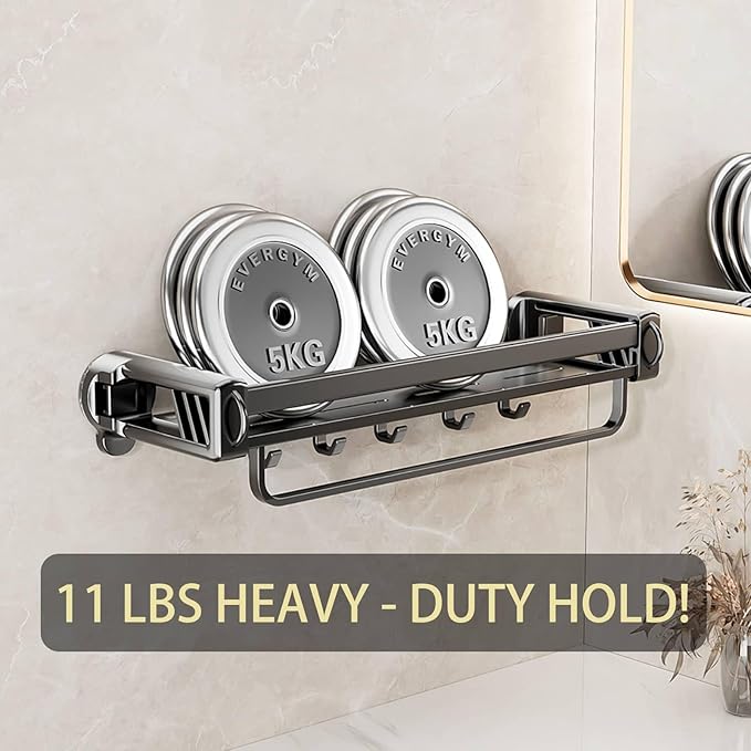 16" Shower Caddy Suction Cup, Concealed Shower Shelves Suction Cup with Hooks & Towel Bar, NO-Drilling Suction Shelf for Bathroom & Kitchen - Gray