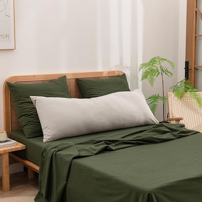 BESTOUCH 100% Washed Cotton Pillowcase for Hair and Skin Linen Feel Soft Comfortable Breathable 2 Set Pillow Case with Envelope Closure Solid Olive Green Euro 26x26 Inches