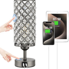 Hong-in Gray Crystal Table Lamp - 3-Way Dimmable Touch Control, Bedside Lamp with USB C and A Ports, Nightstand Light for Living Room, Bedroom, Home Office (Bulb Included)