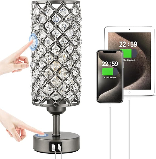 Hong-in Gray Crystal Table Lamp - 3-Way Dimmable Touch Control, Bedside Lamp with USB C and A Ports, Nightstand Light for Living Room, Bedroom, Home Office (Bulb Included)
