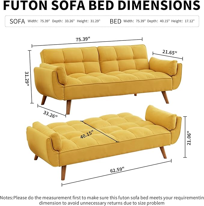 Convertible Futon Sofa Bed, Linen Sleeper Couch, 75" W Modern 3 Seater Tufted Sofa with Adjustable Backrests and Solid Wood Legs for Small Spaces, Living Room, Bedroom, Golden Yellow