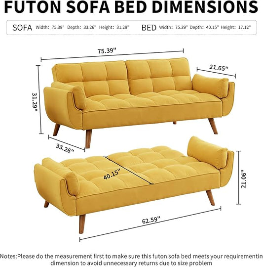 Convertible Futon Sofa Bed, Linen Sleeper Couch, 75" W Modern 3 Seater Tufted Sofa with Adjustable Backrests and Solid Wood Legs for Small Spaces, Living Room, Bedroom, Golden Yellow