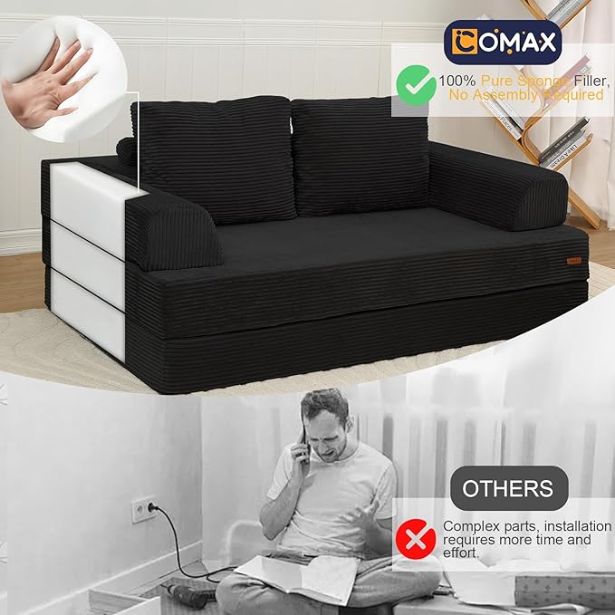 COMAX Convertible Sofa Bed – Folding Floor Couch Loveseat with Corduroy Cover & Pillows, Black | Multi‑Mode Lounger, Futon Sleeper Mattress for Living Room & Bedroom