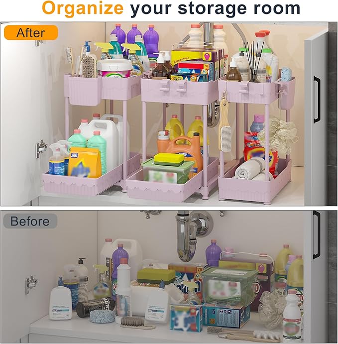 3 Pack Under Sink Organizers, 2-Tier Multi-Use Kitchen and Bathroom Organizers and Storage with Sliding Drawers，Bathroom Cabinet Organizer (Pink, 14.8 Inch)