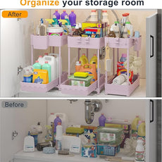 3 Pack Under Sink Organizers, 2-Tier Multi-Use Kitchen and Bathroom Organizers and Storage with Sliding Drawers，Bathroom Cabinet Organizer (Pink, 12.8 Inch)