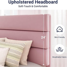 Allewie Full Size Platform Bed Frame with Velvet Upholstered Headboard and Wooden Slats Support, Fully Upholstered Mattress Foundation/No Box Spring Needed/Easy Assembly, Pink
