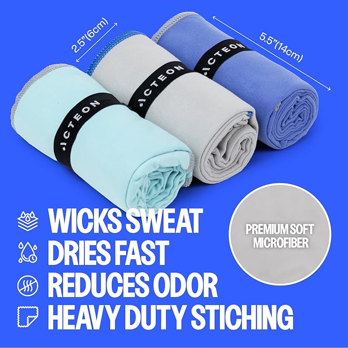 Acteon Microfiber Travel Towel & Wet Bag Set, Large Quick Dry Silver ION Odor-Free Mega Absorbent Fiber, Fast Drying Men & Women for Body Sweat, Beach, Pool, Camping, Gym