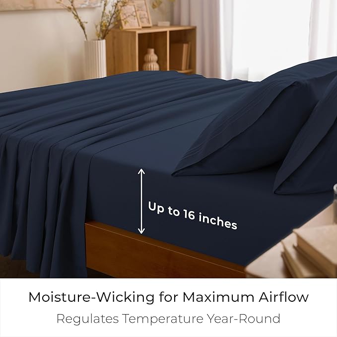 Mellanni Queen Sheet Set - 6-Piece Iconic Collection Bedding, (Including 4 Pillowcases), 16-Inch Deep Pocket, Easy Care, Extra Soft, Cooling Sheets, Brushed Microfiber - Navy Blue