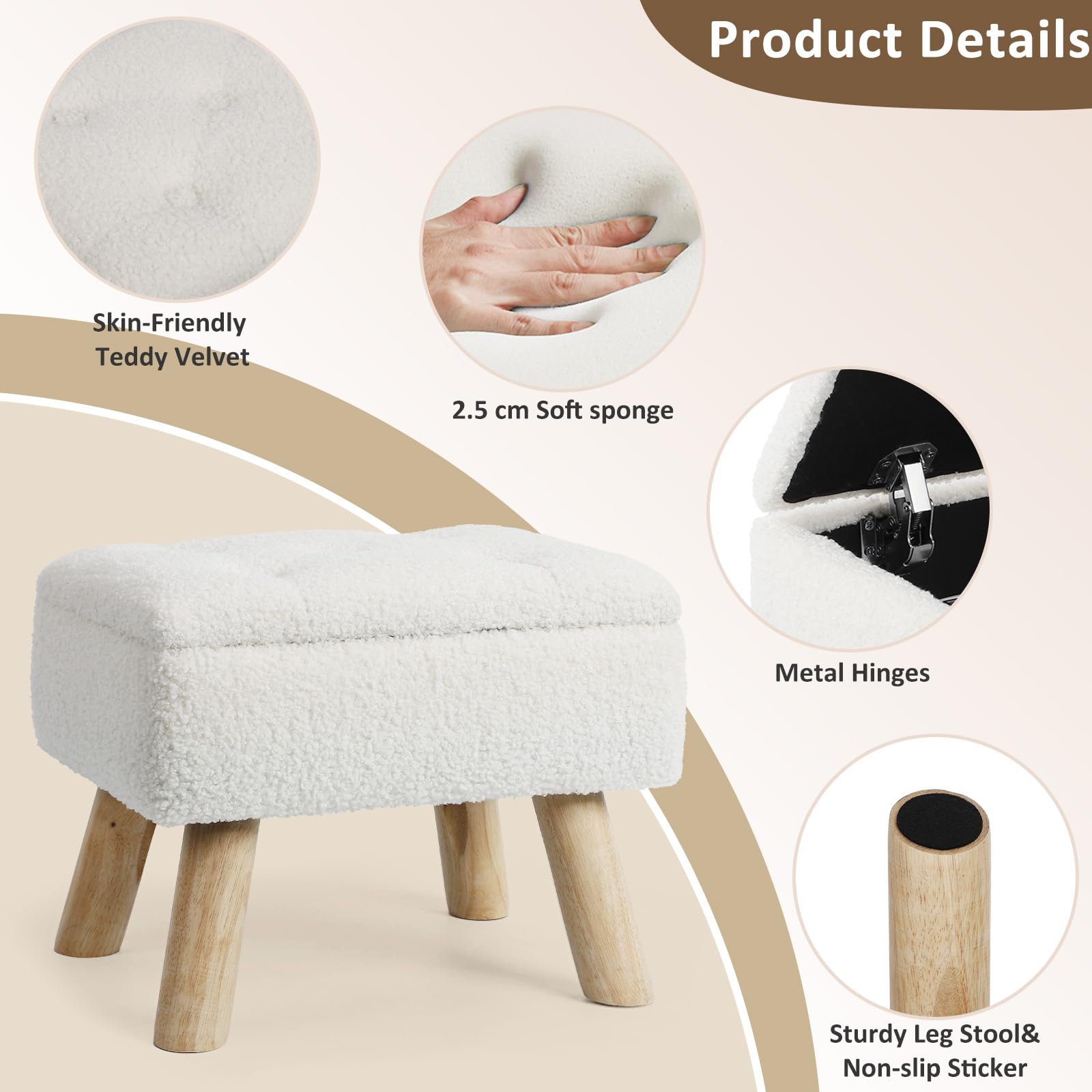 OGEMXU Storage Ottoman, Small Foot Stool Ottoman with Storage, Boucle Teddy Velvet Foot Rest with Padded Seat, Sturdy Wood Legs Stool for Living Room, Bedroom, Couch, Enterway (Cream) Dormly