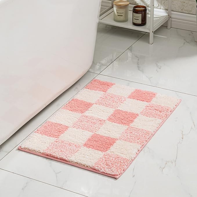CozeCube Bath mats for Bathroom Non Slip, Fluffy Absorbent Microfiber Bath mat Washable, Aesthetic Bathroom Rugs, Small Blossom Pink Checkered Bath mat, Blossom Pink, 24" x 16"