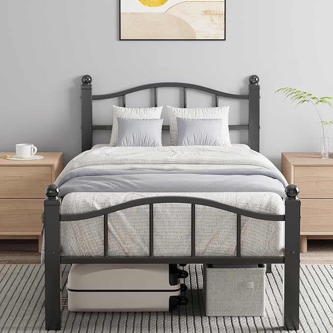 Metal Twin Bed Frames, Noise-Free Design & Underbed Storage Heavy Duty Bed Frames with Headboard No Box Spring Needed/Tool-Free Assembly