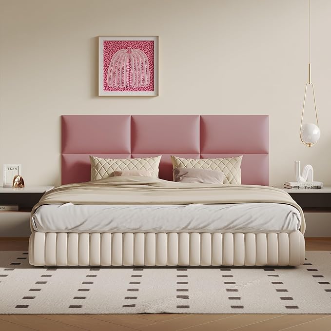 Pink Peel and Stick Wall Panels Headboard Set - 12-Panel Wall Mount Bed Backboard Queen/King Size, 24"x12" Faux Leather Panels