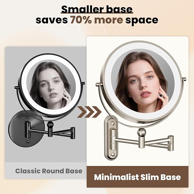 Rocollos 9-Inch Large Makeup Mirror with 30X Magnification, Rechargeable Wall Mounted Vanity Mirror with Lights, 3 Color Dimmable LED, Touch Screen & Retractable Arm-Black (9INCH-Nickel)