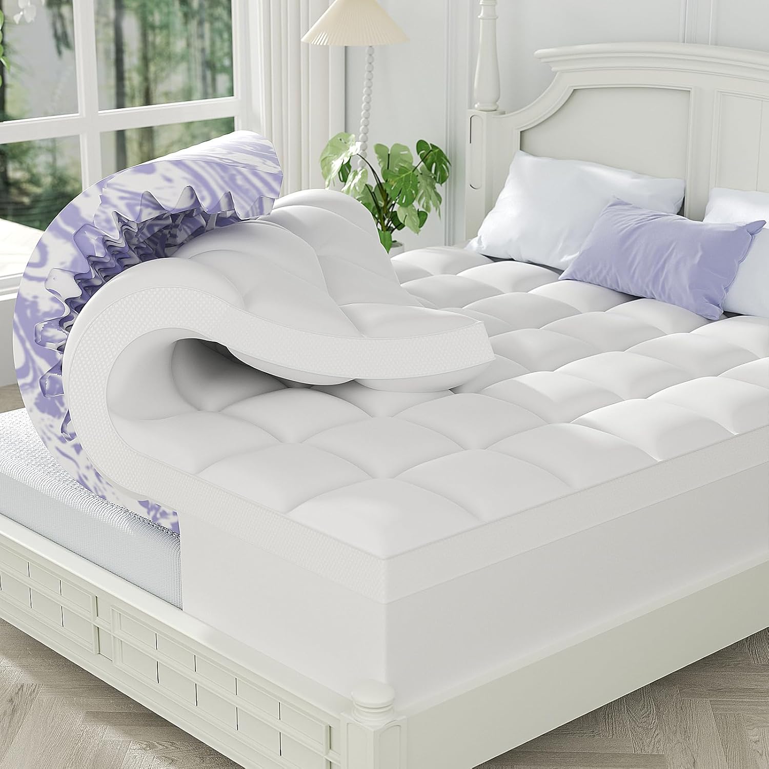 ChiXpace Dual Layer 4 Inch Memory Foam Mattress Topper Twin XL - 2 Inch Gel Memory Foam and 2 Inch Pillow Top Mattress Pad, 7-Zone Egg Crate Twin XL Size Mattress Topper (White) Dormly