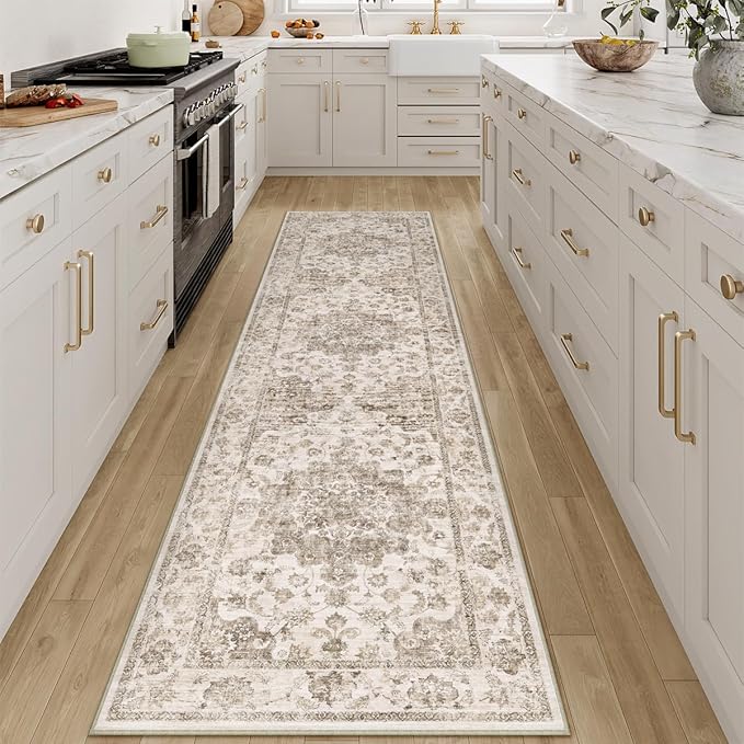 2x8 Washable Neutral Runner Rug Brown Vintage Hallway Kitchen Carpet Non-Slip Soft Low Pile Floral Throw Rug for Bedroom Bathroom Laundry Living Room
