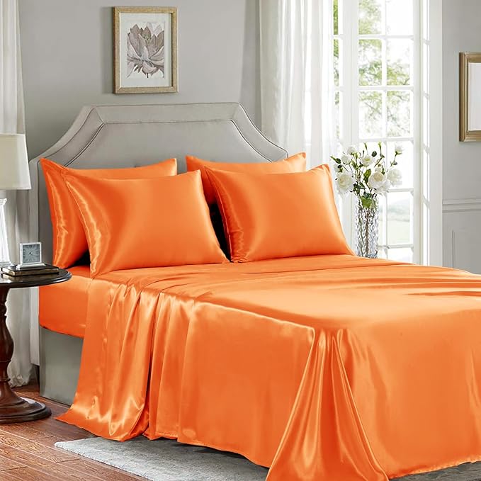 Satin Sheets Queen Size - 6 Pieces Luxury Silky Soft Bed Sheets, Wrinkle-Free Burnt Orange Satin Silk Sheet Set with 1 Deep Pocket Fitted Sheet, 1 Flat Sheet, 4 Pillow Cases