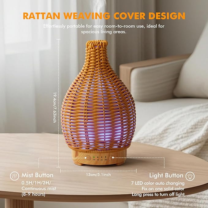 Essential Oil Diffuser Aromatherapy Diffuser-150ml Ultrasonic Fragrance Diffuser Humidifier Whisper Quiet Timer Setting 7 LED Colors Changing Lights for Home Office Decor & Gift (Handwoven)