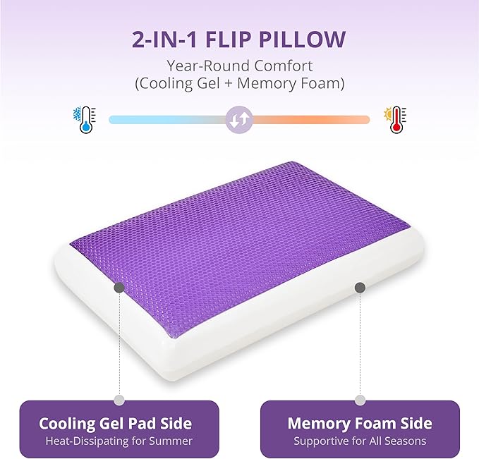 Cooling Pillow for Sleeping, Gel Memory Foam Pillow with Reversible Cover, Neck Support for Side, Back and Stomach Sleepers, Removable & Machine Washable Cover, Bed Pillows for Hot Sleepers, Purple