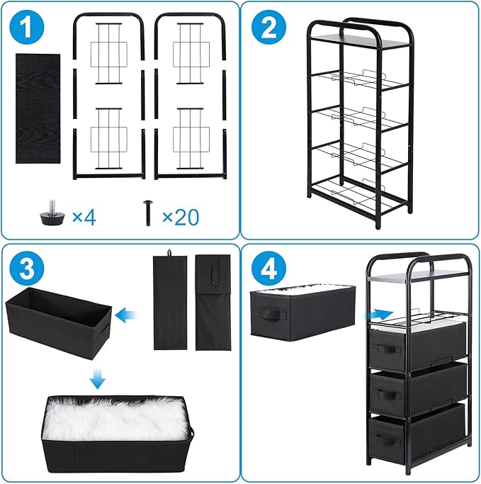 MAX Houser 4 Drawer Narrow Dresser Fabric Storage Tower Vertical Slim Storage Chest Organizer Nightstand Side/End Table Small Standing Organizer Removable Drawers Wood Top for Bedroom, Bathroom（Black)