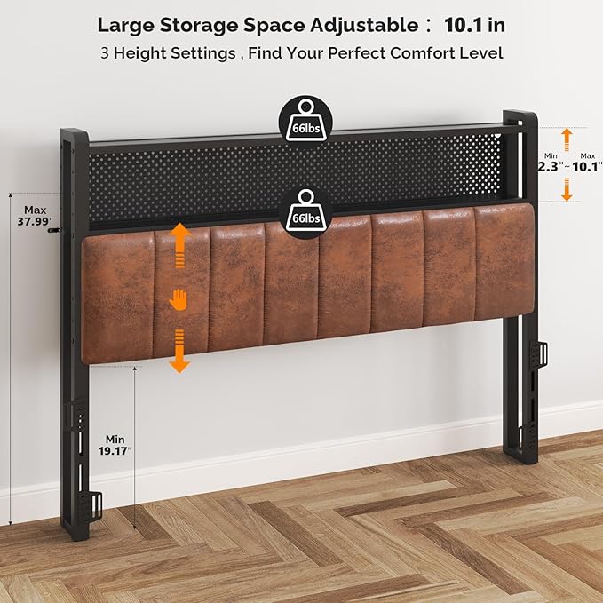 VINGLI Full Size Headboard Only, Adjustable Upholstered Headboard with 2 Tier Shelves and Pegboard with Charging Stations and LED Lights, Modern Bed Headboard with Storage for Bedroom Decor