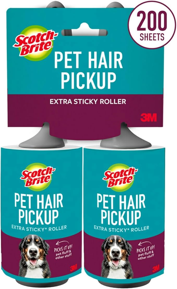 Scotch-Brite Pet Hair Pickup Extra Sticky Lint Roller, Designed for Removing Fur + Fluff on Couches, Clothes, Dog and Cat Beds, & More, 2 Pack, 200 Easy-Tear Adhesive Sheets Total