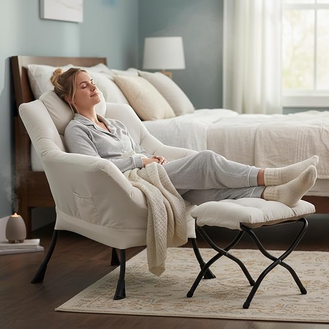 Cozy Lazy Chair and Ottoman, Large Contemporary Accent Lounge Chair Set, Leisure Upholstered Reading Armchair for Bedroom, Living Room, Dorm Rooms, Office, Peach Beige