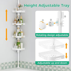 4-Tier Corner Shower Caddy Tension Pole Organizer - Adjustable Rustproof Metal Tension Pole, Plastic Shelves with Safety Guardrail, Bathroom Storage for Shower & Bathtub(White)