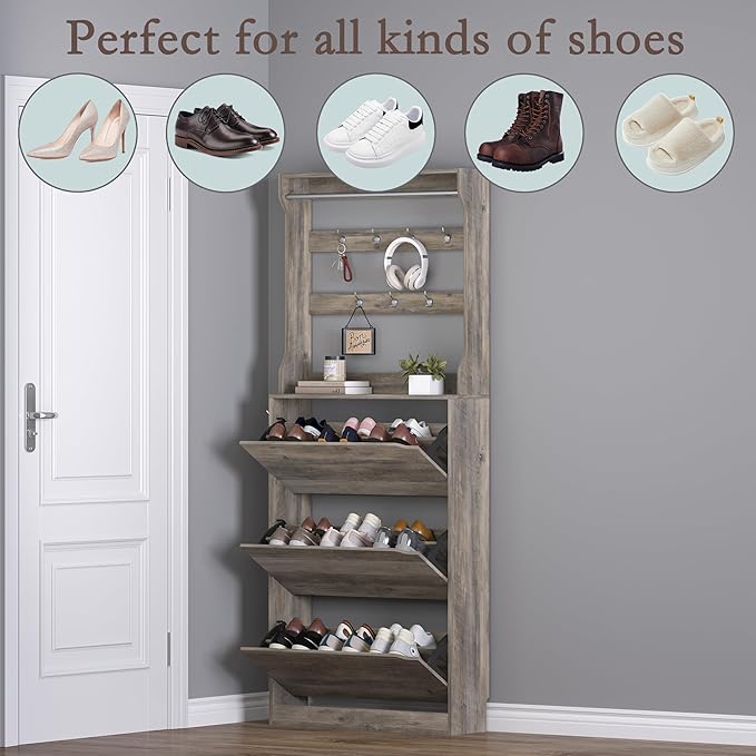Shoe Cabinet with 3 Flip Drawers & Coat Rack, Narrow Hidden Shoe Storage Cabinet, 2-in-1 Hall Tree Slim Freestanding Shoe Rack Organizer for Entryway, Hallway, and Living Room