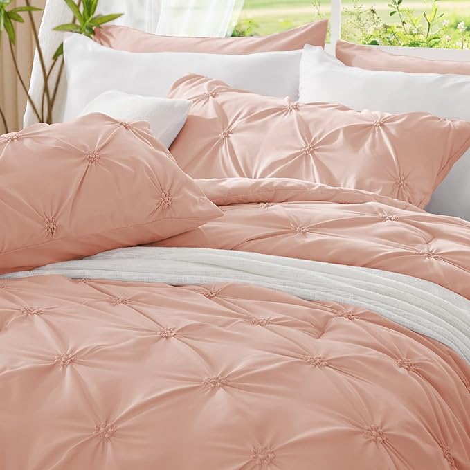 BEDELITE Dusty Pink Queen Comforter Set - 3 Pieces Boho Pintuck Bedding Comforter Sets, Lightweight Soft & Warm Bed Comforter Queen with 2 Pillowcases for All Season