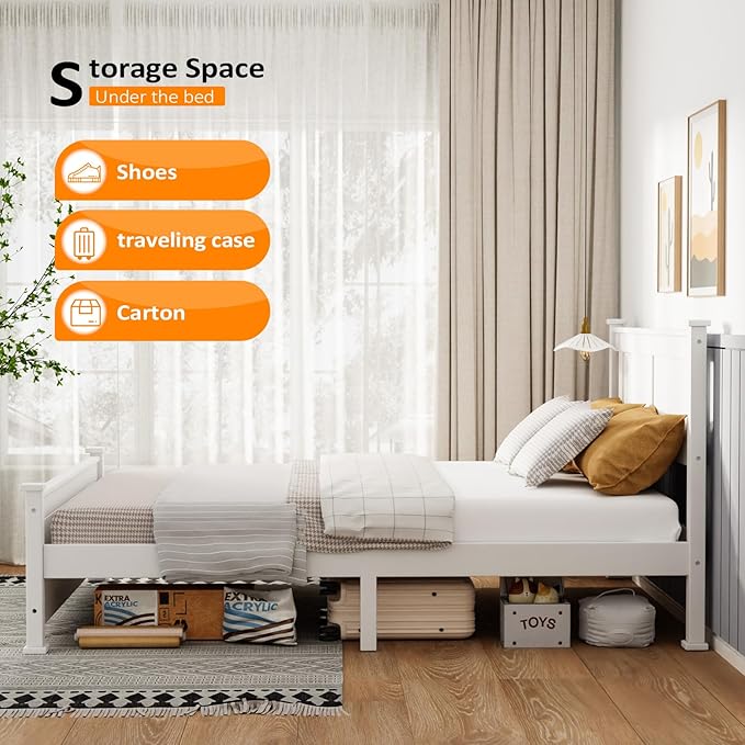 VINGLI Queen Bed Frame with Headboard Wood Platform Panel Bed,Heavy Duty Bed Slat No Box Spring Needed, White