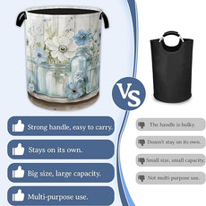 Flowers Laundry Basket,Foldable Oxford Cloth Vintage Wooden Board Laundry Hamper with Handles, 20.8