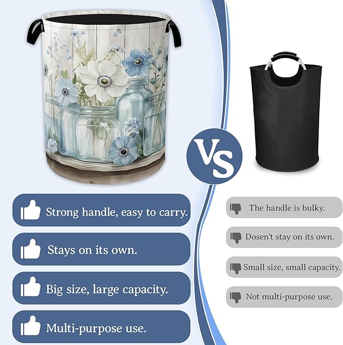 Flowers Laundry Basket,Foldable Oxford Cloth Vintage Wooden Board Laundry Hamper with Handles, 20.8"x16" Tote Bag Clothes Storage Bucket for Laundry Room/Bathroom/Bedroom/Dormitories