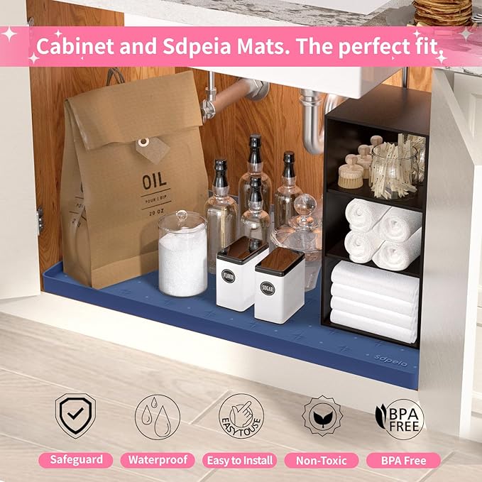 Sdpeia Under Sink Mat 34"×22" Waterproof Silicone Cabinet Liner & Sink Protector for Kitchen & Bathroom, Multi-Purpose Organizers Tray for Pets, Laundry, Cat Litter Mat