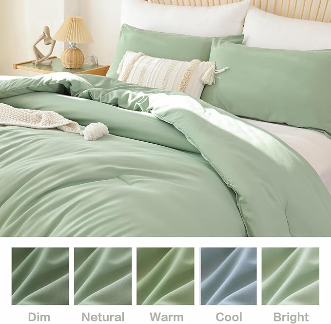 ROSGONIA Queen Comforter Set Sage Green, 3pcs Bedding Sets Queen (1 Boho Sage Comforter& 2 Pillowcases), All Season Lightweight Blanket Quilt