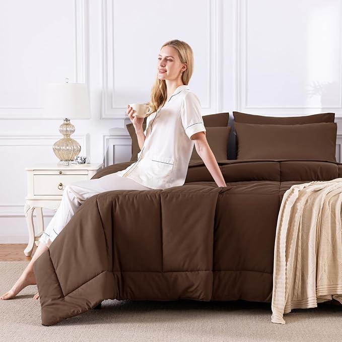 CozyLux Queen Comforter Set Brown, 7 Pieces Bed in a Bag, Brown Comforter Queen Size, All Season Bedding Sets with Stitch Quilted Comforter, Flat Sheet, Fitted Sheet, Pillowcases