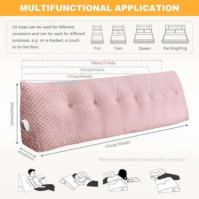 Large Triangular Headboard Wedge Pillow Soft and Supportive Headboard Backrest Positioning Support Bolster Cushion, Bed Wedge Pillow with Removable Cover(Pink,Full,54x8x20inch)