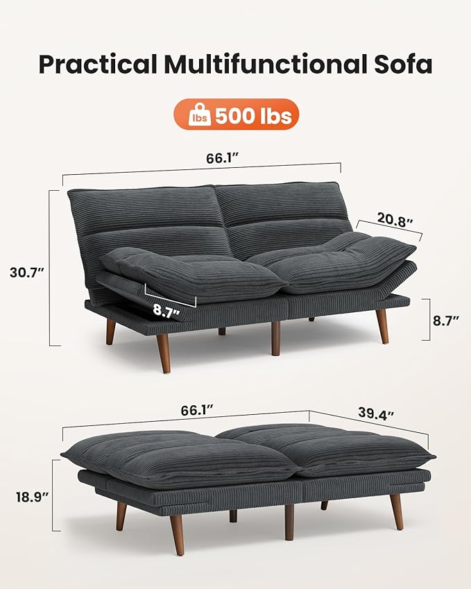 Amada Convertible Futon Sofa Bed - Corduroy Loveseat with Adjustable Backrest & Armrests, Thickened Seat Cushion, Small Space Sleeper Couch for Apartment, Study Room & Office（Charcoal Gray，66 Inch ）