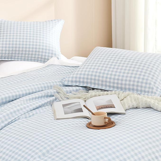 Andency Light Blue Gingham Comforter Set Full(79x90Inch), Checkered Grid Plaid Buffalo Bed Set for Girls Boys Kids Teens, 3 Pieces Lightweight Microfiber Geometric Preppy Bedding