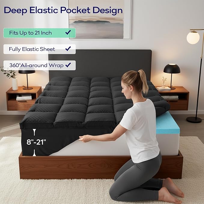 OLANLY Dual-Layer 4 Inch King Size Memory Foam Mattress Topper for Back Pain, 2 Inch Cooling Pillow Top Mattress Pad Cover and 2 Inch Gel Memory Foam Topper, Deep Elastic Pocket, Black