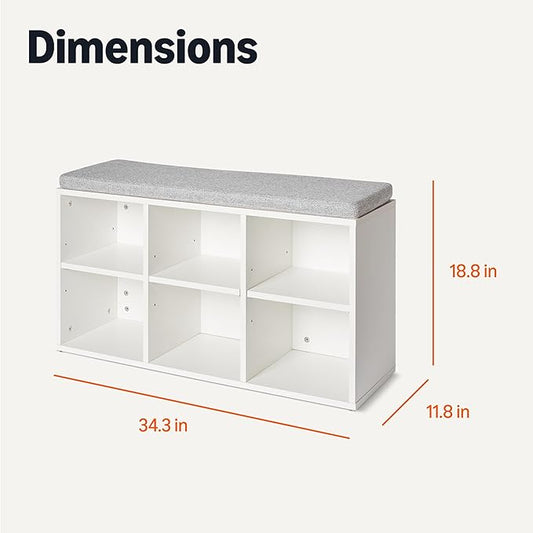 Amazon Basics Shoe Storage Bench with Cushion, Shoe Rack 6 Cubbies, Adjustable Shelves, White