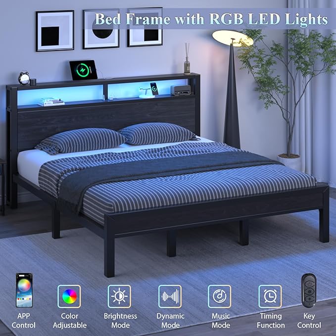 King Size Bed Frame with Storage Headboard, Industrial Platform Bed with Charging Station and LED Lights, Heavy Duty Metal Slats, No Box Spring Need, Noise Free, Black