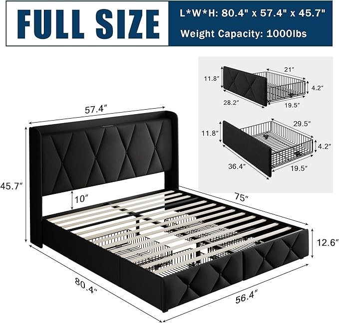 Full Size Bed Frame with 4 Large Storage Drawers, Upholstered Platform Bed with Charging Station, Modern Wingback Storage Headboard, Easy Assembly,Noise-Free, Black